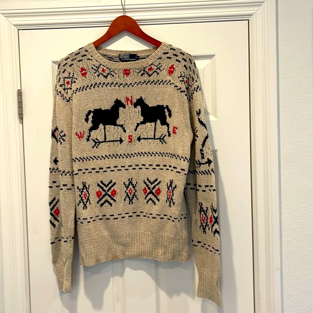 Polo Ralph Lauren hand-knit linen/cotton sweater in taupe/navy/red, men’s XL